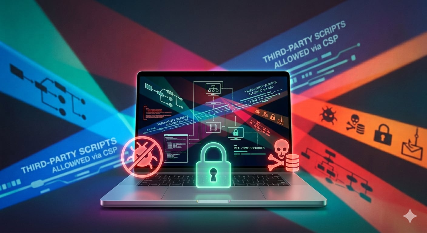 Laptop showing third party scripts allowed via CSP, with encrypted connections to external services